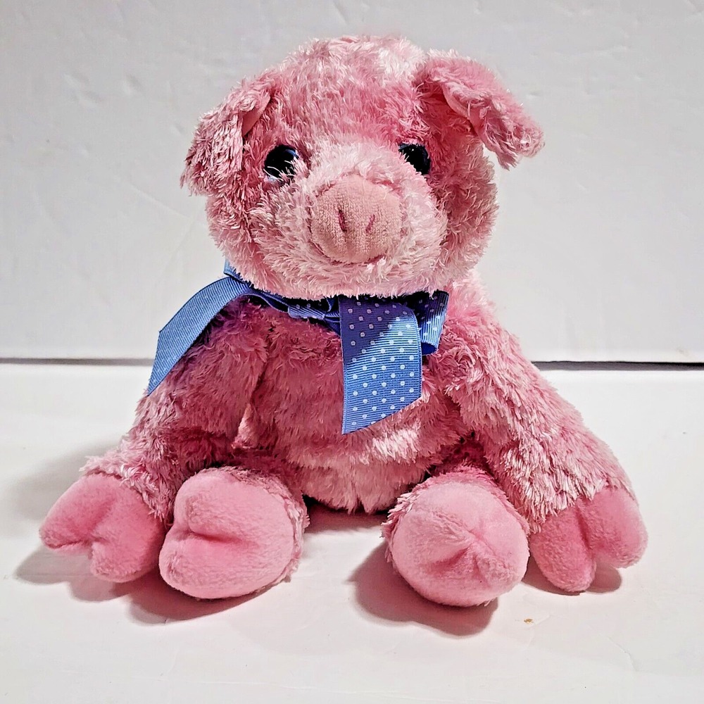 Ty Classic Pink PIG Blue White Dotted Ribbon Bow Plush Bean Bag 10" 2006